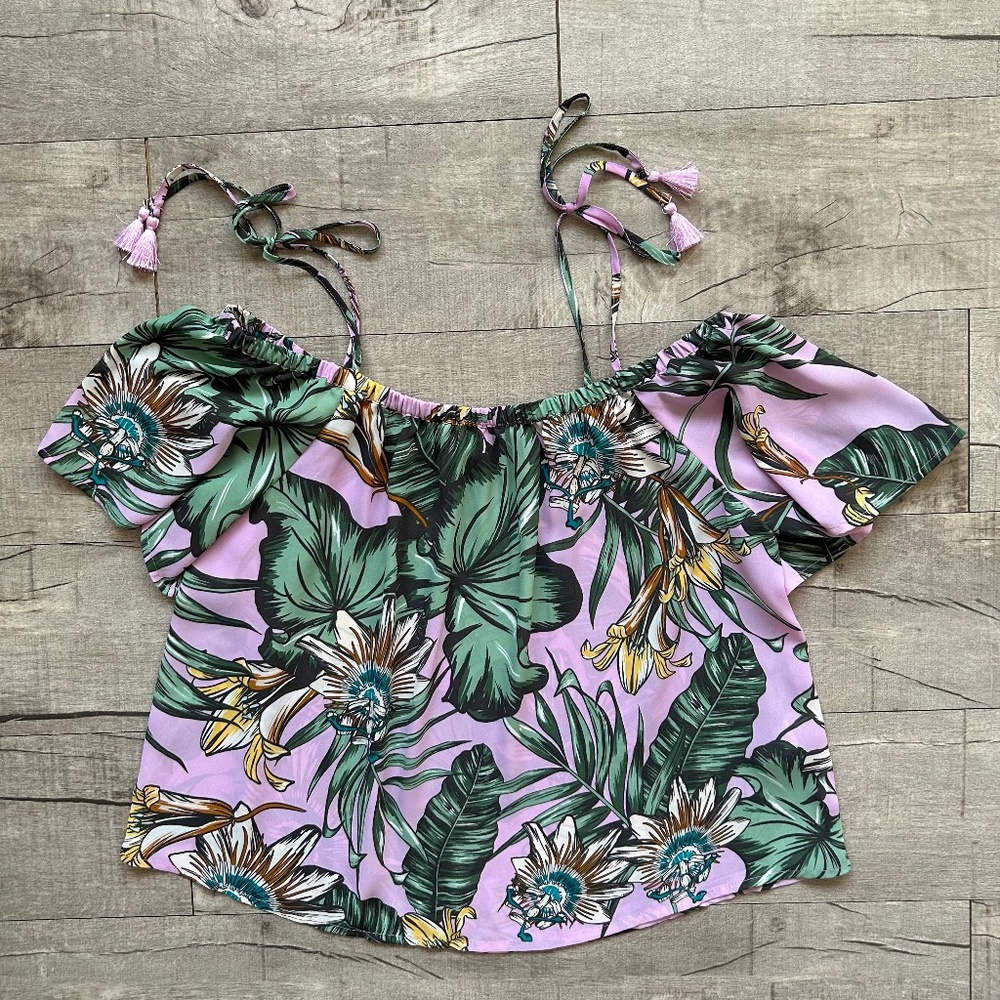 J. Crew Off the Shoulder Pink Tie Tropical Floral Resortwear Ruffle Blouse 2